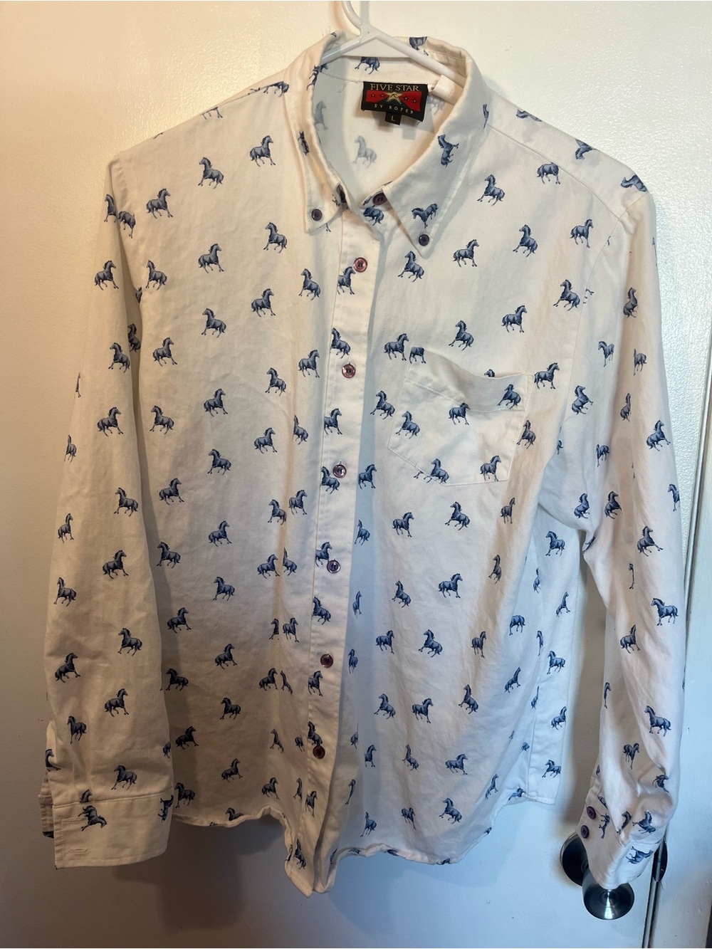 Roper White Button-Down Shirt with Blue Horse Print